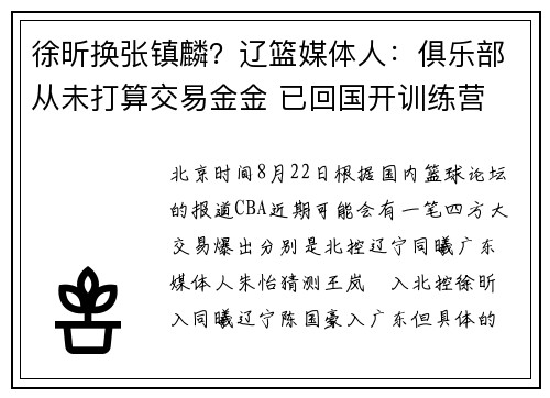 徐昕换张镇麟？辽篮媒体人：俱乐部从未打算交易金金 已回国开训练营